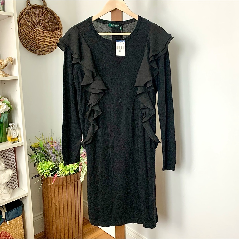 NWT L Ralph Lauren $159 Ruffled Knit Sweater Dress Blk LG